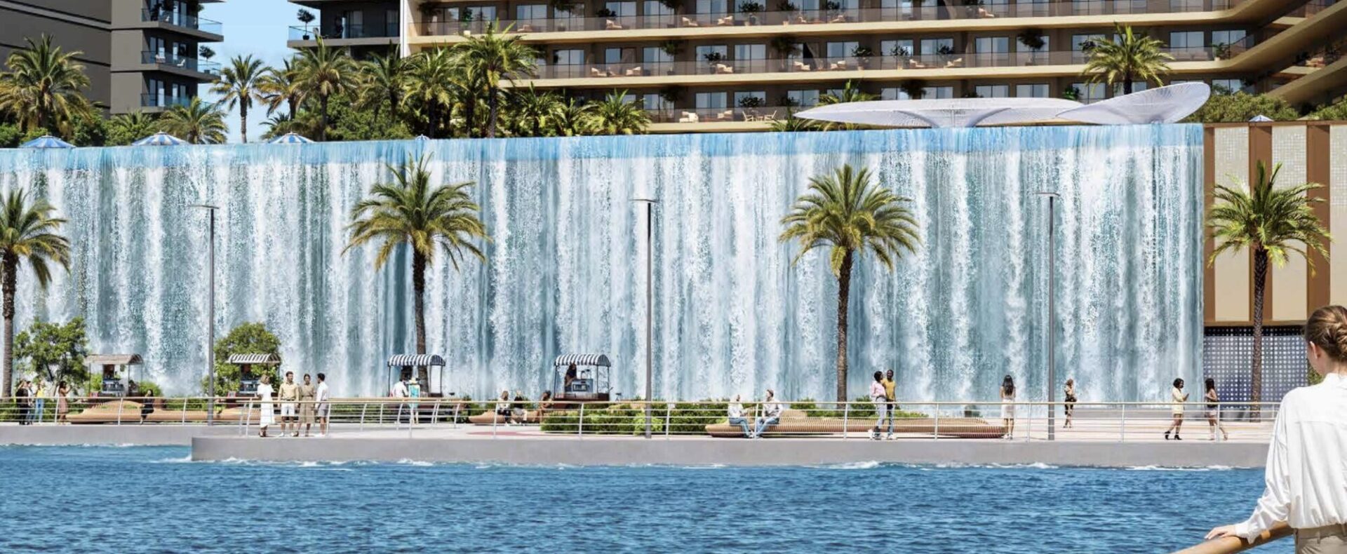 Dubai, Luxury Residence, Modern architecture with cascading waterfalls.