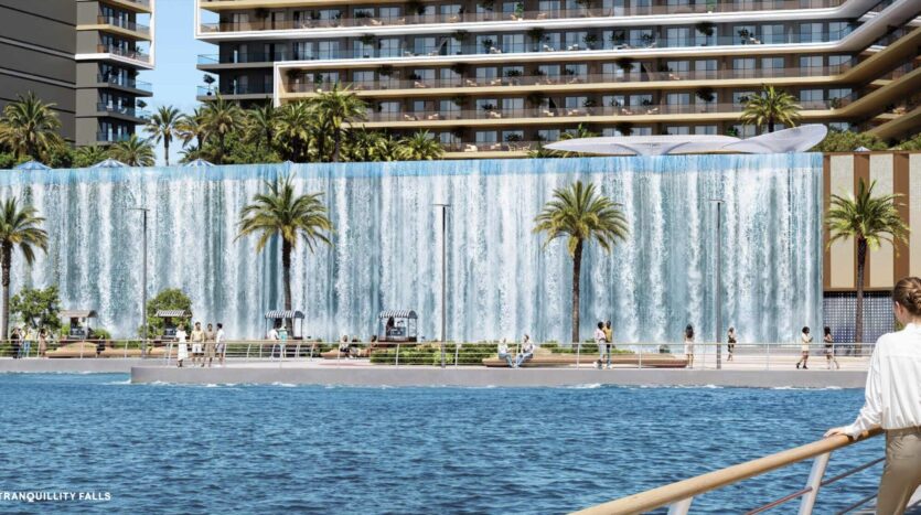 Dubai, Luxury Residence, Modern architecture with cascading waterfalls.