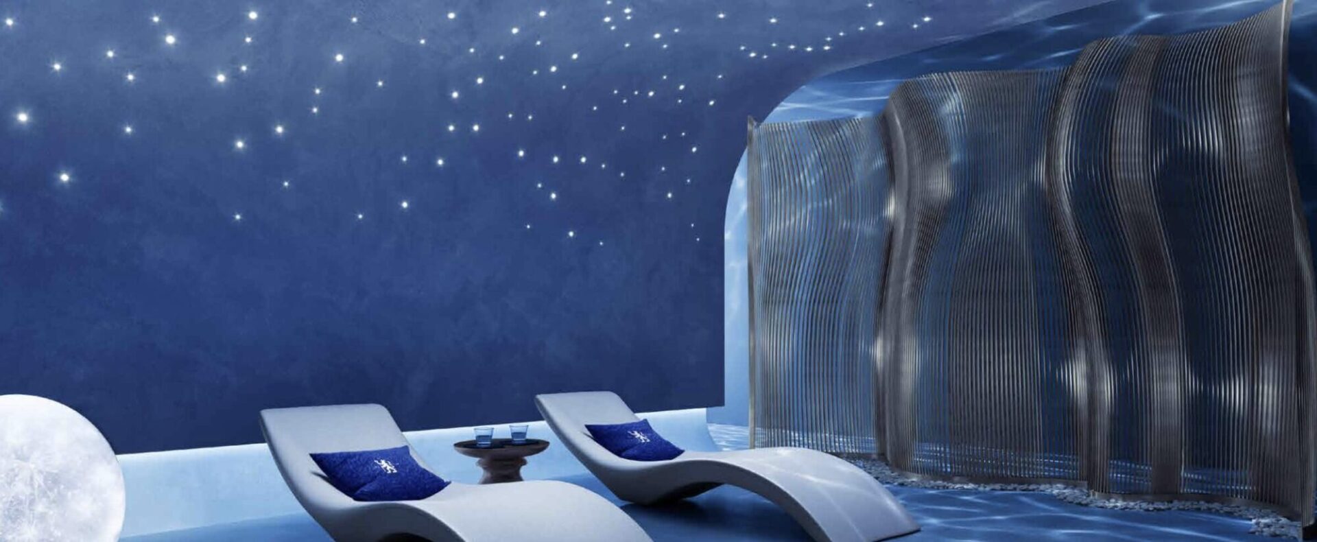 Dubai, new building, Serene wellness center with starry ceiling.