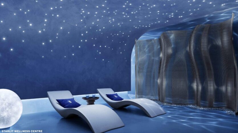 Dubai, new building, Serene wellness center with starry ceiling.